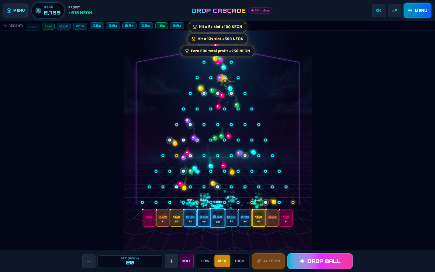Drop Cascade live gameplay: neon balls falling through the peg board