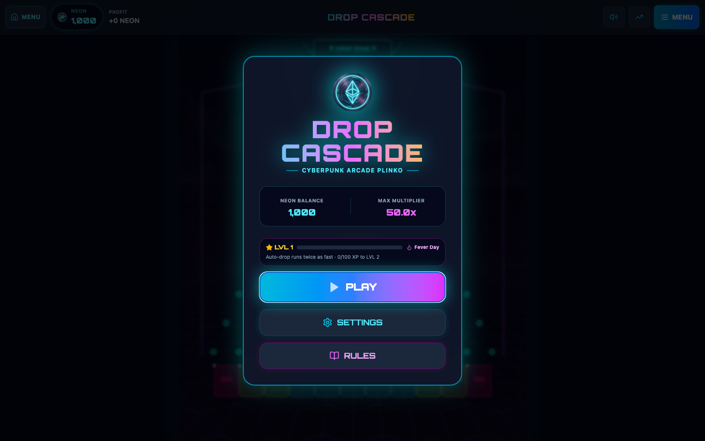 Drop Cascade main menu with level and daily modifier