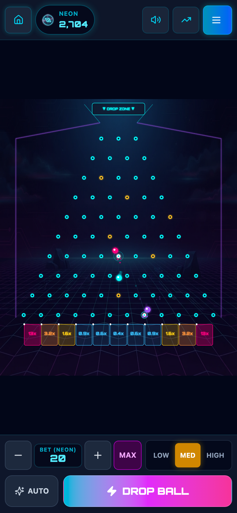 Golden pegs glowing on the mobile board
